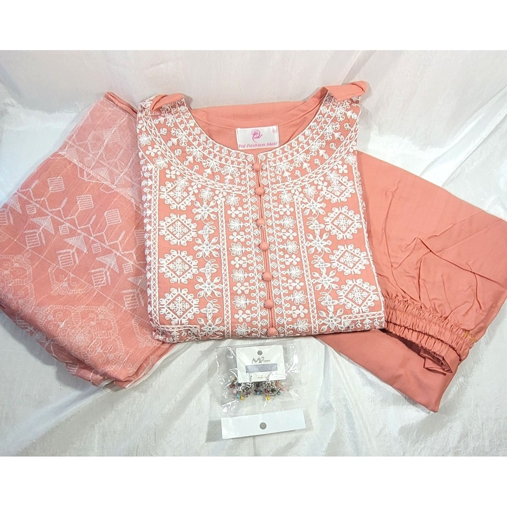 Women's 3pc Cotton Dupatta Kurta Set - Dusty Pink - XL‎ - 47" Chest, 39" Long